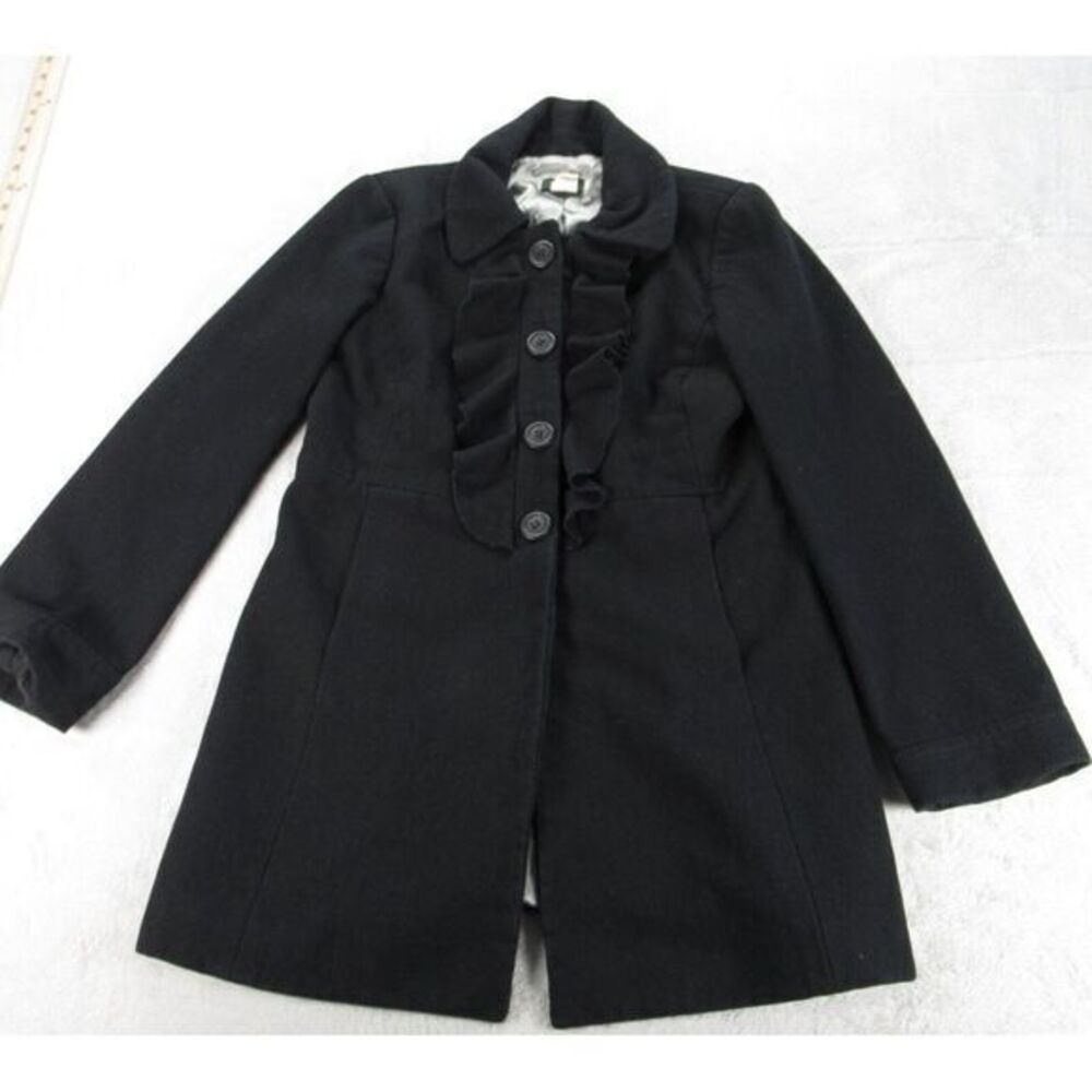 J Crew Wool Blend Jacket Womens 4 Black Lined Ruffle Button Front Peacoat‎ - Picture 1 of 15